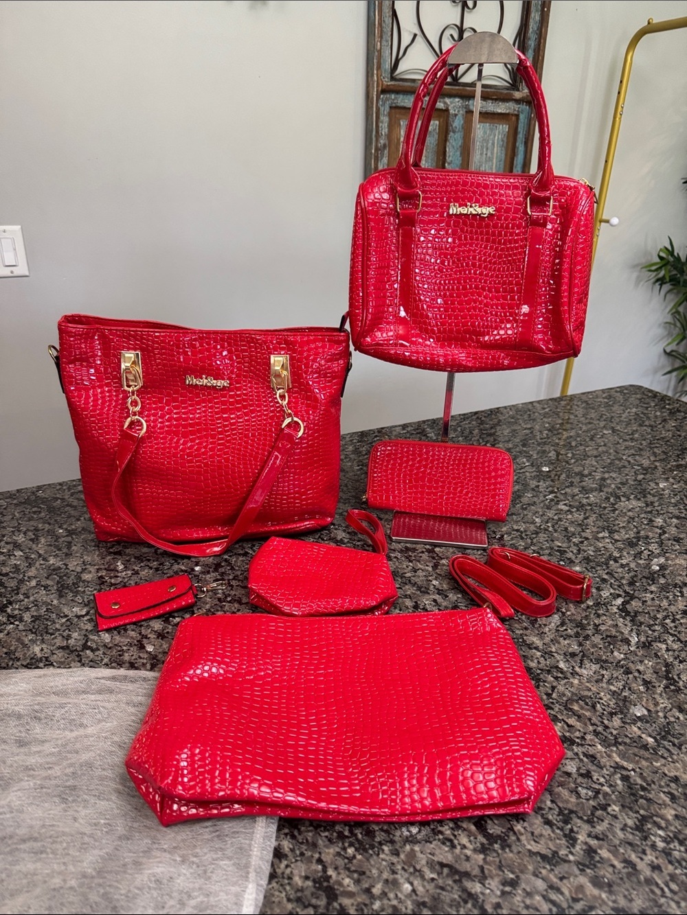 Mei & ge Shiny Red Croc-Embossed Tote & Satchel Set NEW